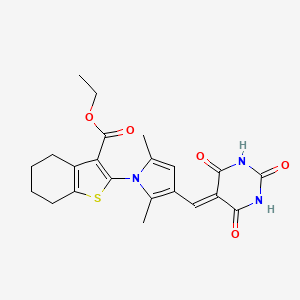 molecular formula C22H23N3O5S B1224995 2-[2,5-Dimethyl-3-[(2,4,6-trioxo-1,3-diazinan-5-ylidene)methyl]-1-pyrrolyl]-4,5,6,7-tetrahydro-1-benzothiophene-3-carboxylic acid ethyl ester 
