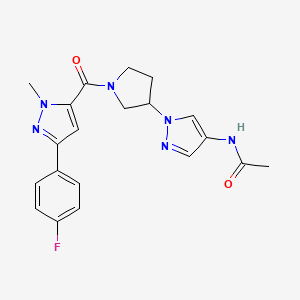molecular formula C20H21FN6O2 B12250053 N-(1-{1-[3-(4-fluorophenyl)-1-methyl-1H-pyrazole-5-carbonyl]pyrrolidin-3-yl}-1H-pyrazol-4-yl)acetamide 