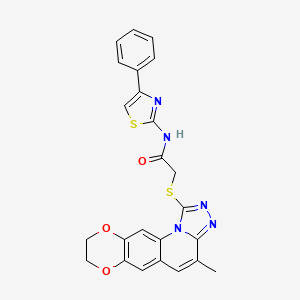 molecular formula C24H19N5O3S2 B1225051 2-[(16-methyl-4,7-dioxa-11,13,14-triazatetracyclo[8.7.0.03,8.011,15]heptadeca-1,3(8),9,12,14,16-hexaen-12-yl)sulfanyl]-N-(4-phenyl-1,3-thiazol-2-yl)acetamide 