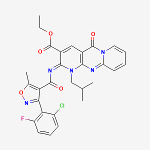 molecular formula C29H25ClFN5O5 B1225097 ethyl 6-[3-(2-chloro-6-fluorophenyl)-5-methyl-1,2-oxazole-4-carbonyl]imino-7-(2-methylpropyl)-2-oxo-1,7,9-triazatricyclo[8.4.0.03,8]tetradeca-3(8),4,9,11,13-pentaene-5-carboxylate 