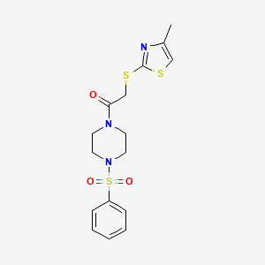 molecular formula C16H19N3O3S3 B1225137 1-[4-(Benzenesulfonyl)-1-piperazinyl]-2-[(4-methyl-2-thiazolyl)thio]ethanone 