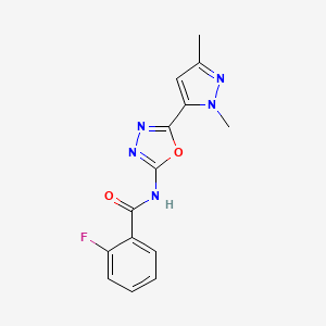 molecular formula C14H12FN5O2 B12252092 N-(5-(1,3-dimethyl-1H-pyrazol-5-yl)-1,3,4-oxadiazol-2-yl)-2-fluorobenzamide 