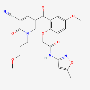molecular formula C24H24N4O7 B1225224 2-[2-[[5-cyano-1-(3-methoxypropyl)-6-oxo-3-pyridinyl]-oxomethyl]-4-methoxyphenoxy]-N-(5-methyl-3-isoxazolyl)acetamide 