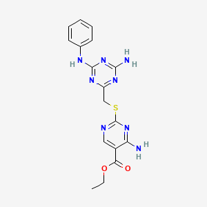 molecular formula C17H18N8O2S B1225254 4-Amino-2-[(4-amino-6-anilino-1,3,5-triazin-2-yl)methylthio]-5-pyrimidinecarboxylic acid ethyl ester 