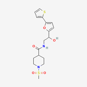 molecular formula C17H22N2O5S2 B12253404 N-{2-hydroxy-2-[5-(thiophen-2-yl)furan-2-yl]ethyl}-1-methanesulfonylpiperidine-4-carboxamide 