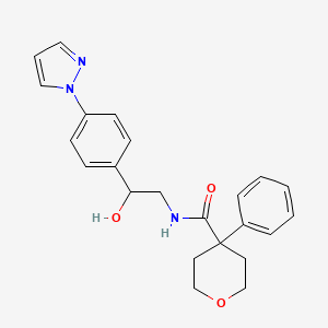 molecular formula C23H25N3O3 B12254015 N-{2-hydroxy-2-[4-(1H-pyrazol-1-yl)phenyl]ethyl}-4-phenyloxane-4-carboxamide 