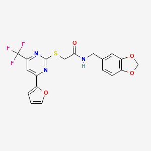 molecular formula C19H14F3N3O4S B12255197 N-(1,3-benzodioxol-5-ylmethyl)-2-{[4-(furan-2-yl)-6-(trifluoromethyl)pyrimidin-2-yl]sulfanyl}acetamide 