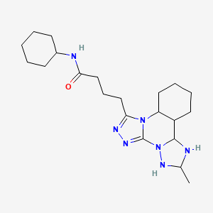 molecular formula C21H35N7O B12256443 N-cyclohexyl-4-{9-methyl-2,4,5,7,8,10-hexaazatetracyclo[10.4.0.0^{2,6}.0^{7,11}]hexadeca-1(16),3,5,8,10,12,14-heptaen-3-yl}butanamide 