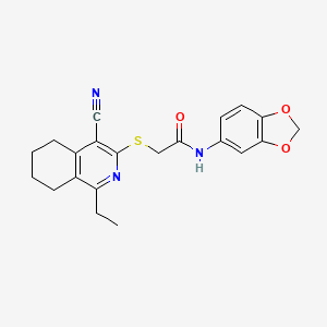 molecular formula C21H21N3O3S B12256633 N-(1,3-benzodioxol-5-yl)-2-[(4-cyano-1-ethyl-5,6,7,8-tetrahydroisoquinolin-3-yl)sulfanyl]acetamide 