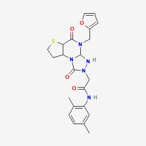 molecular formula C22H25N5O4S B12256644 N-(2,5-dimethylphenyl)-2-{8-[(furan-2-yl)methyl]-7,12-dioxo-5-thia-1,8,10,11-tetraazatricyclo[7.3.0.0^{2,6}]dodeca-2(6),3,9-trien-11-yl}acetamide 