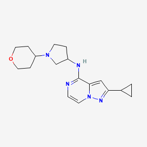 molecular formula C18H25N5O B12257771 N-{2-cyclopropylpyrazolo[1,5-a]pyrazin-4-yl}-1-(oxan-4-yl)pyrrolidin-3-amine 