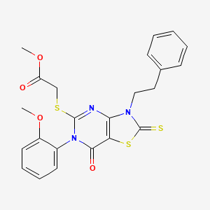 molecular formula C23H21N3O4S3 B12258034 methyl 2-{[6-(2-methoxyphenyl)-7-oxo-3-(2-phenylethyl)-2-sulfanylidene-2H,3H,6H,7H-[1,3]thiazolo[4,5-d]pyrimidin-5-yl]sulfanyl}acetate 