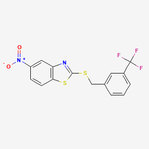 molecular formula C15H9F3N2O2S2 B12258307 5-Nitro-2-{[3-(trifluoromethyl)benzyl]sulfanyl}-1,3-benzothiazole 