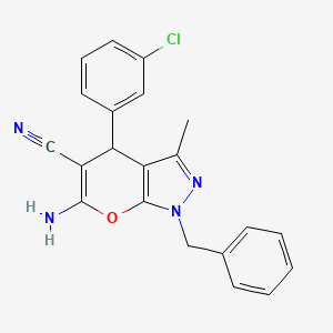 6-amino-4-(3-chlorophenyl)-3-methyl-1-(phenylmethyl)-4H-pyrano[2,3-c]pyrazole-5-carbonitrile