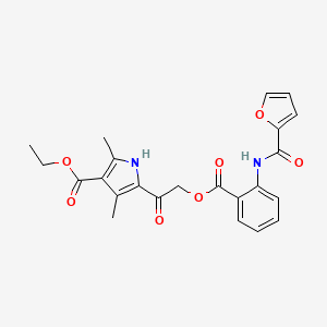 molecular formula C23H22N2O7 B1225937 5-[2-[[2-[[2-furanyl(oxo)methyl]amino]phenyl]-oxomethoxy]-1-oxoethyl]-2,4-dimethyl-1H-pyrrole-3-carboxylic acid ethyl ester 