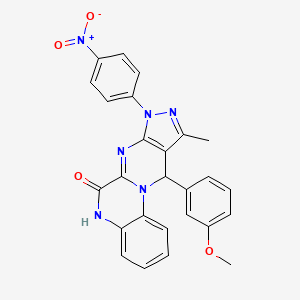 molecular formula C26H20N6O4 B1226007 17-(3-Methoxyphenyl)-15-methyl-13-(4-nitrophenyl)-1,8,11,13,14-pentaazatetracyclo[8.7.0.0^{2,7}.0^{12,16}]heptadeca-2(7),3,5,8,10,12(16),14-heptaen-9-ol 