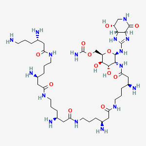 molecular formula C43H82N16O12 B1226023 [(2R,3R,4S,5R,6R)-6-[[(3aS,7R,7aS)-7-hydroxy-4-oxo-1,3a,5,6,7,7a-hexahydroimidazo[4,5-c]pyridin-2-yl]amino]-5-[[(3S)-3-amino-6-[[(3S)-3-amino-6-[[(3S)-3-amino-6-[[(3S)-3-amino-6-[[(3S)-3,6-diaminohexanoyl]amino]hexanoyl]amino]hexanoyl]amino]hexanoyl]amino]hexanoyl]amino]-3,4-dihydroxyoxan-2-yl]methyl carbamate CAS No. 182697-76-3