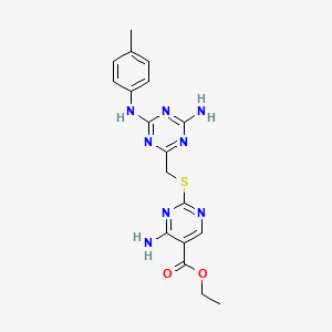 molecular formula C18H20N8O2S B1226226 ethyl 4-amino-2-[({4-amino-6-[(4-methylphenyl)amino]-1,3,5-triazin-2-yl}methyl)sulfanyl]pyrimidine-5-carboxylate 