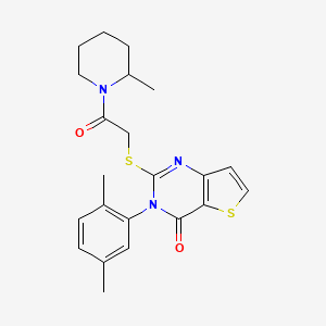 molecular formula C22H25N3O2S2 B12262574 3-(2,5-dimethylphenyl)-2-{[2-(2-methylpiperidin-1-yl)-2-oxoethyl]sulfanyl}thieno[3,2-d]pyrimidin-4(3H)-one 