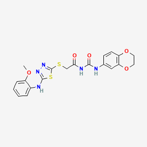 molecular formula C20H19N5O5S2 B1226317 N-(2,3-dihydro-1,4-benzodioxin-6-ylcarbamoyl)-2-[[5-(2-methoxyanilino)-1,3,4-thiadiazol-2-yl]sulfanyl]acetamide 