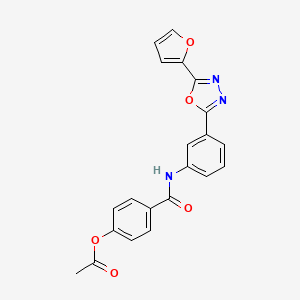 molecular formula C21H15N3O5 B1226344 Acetic acid [4-[[3-[5-(2-furanyl)-1,3,4-oxadiazol-2-yl]anilino]-oxomethyl]phenyl] ester 