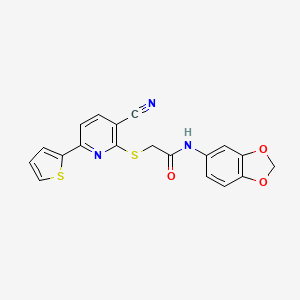 molecular formula C19H13N3O3S2 B12263516 N-(2H-1,3-Benzodioxol-5-YL)-2-{[3-cyano-6-(thiophen-2-YL)pyridin-2-YL]sulfanyl}acetamide 