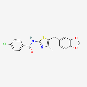 molecular formula C19H15ClN2O3S B1226526 N-[5-(1,3-benzodioxol-5-ylmethyl)-4-methyl-2-thiazolyl]-4-chlorobenzamide 