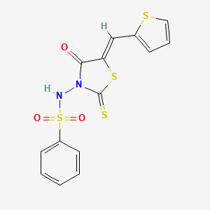 molecular formula C14H10N2O3S4 B1226549 N-[(5Z)-4-oxo-2-sulfanylidene-5-(thiophen-2-ylmethylidene)-1,3-thiazolidin-3-yl]benzenesulfonamide 