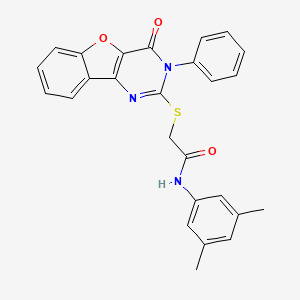 molecular formula C26H21N3O3S B1226553 N-(3,5-dimethylphenyl)-2-[(4-oxo-3-phenyl-2-benzofuro[3,2-d]pyrimidinyl)thio]acetamide 
