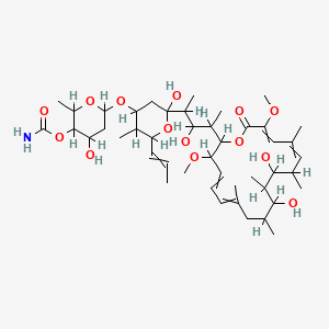 molecular formula C45H73NO14 B1226825 [6-[2-[4-(10,12-Dihydroxy-3,17-dimethoxy-7,9,11,13,15-pentamethyl-18-oxo-1-oxacyclooctadeca-4,6,14,16-tetraen-2-yl)-3-hydroxypentan-2-yl]-2-hydroxy-5-methyl-6-prop-1-enyloxan-4-yl]oxy-4-hydroxy-2-methyloxan-3-yl] carbamate 