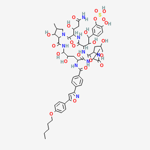molecular formula C56H71N9O23S B1226895 [5-[2-[3-(3-Amino-1-hydroxy-3-oxopropyl)-11,20,21,25-tetrahydroxy-15-(1-hydroxyethyl)-26-methyl-2,5,8,14,17,23-hexaoxo-18-[[4-[5-(4-pentoxyphenyl)-1,2-oxazol-3-yl]benzoyl]amino]-1,4,7,13,16,22-hexazatricyclo[22.3.0.09,13]heptacosan-6-yl]-1,2-dihydroxyethyl]-2-hydroxyphenyl] hydrogen sulfate 