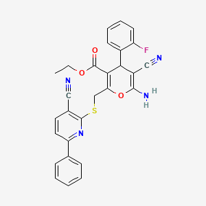 molecular formula C28H21FN4O3S B12270100 ethyl 6-amino-5-cyano-2-{[(3-cyano-6-phenylpyridin-2-yl)sulfanyl]methyl}-4-(2-fluorophenyl)-4H-pyran-3-carboxylate 