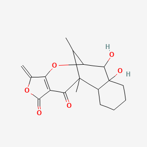 molecular formula C18H22O6 B1227061 7,8-Dihydroxy-1,17-dimethyl-12-methylidene-10,13-dioxatetracyclo[7.7.1.02,7.011,15]heptadec-11(15)-ene-14,16-dione CAS No. 156980-57-3