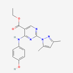 molecular formula C18H19N5O3 B1227307 2-(3,5-Dimethyl-1-pyrazolyl)-4-(4-hydroxyanilino)-5-pyrimidinecarboxylic acid ethyl ester 