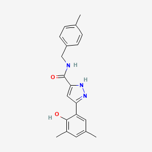 molecular formula C20H21N3O2 B1227310 5-(2-hydroxy-3,5-dimethylphenyl)-N-(4-methylbenzyl)-1H-pyrazole-3-carboxamide 