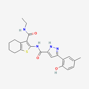 molecular formula C22H24N4O3S B1227567 N-[3-(ethylcarbamoyl)-4,5,6,7-tetrahydro-1-benzothiophen-2-yl]-5-(3-methyl-6-oxo-1-cyclohexa-2,4-dienylidene)-1,2-dihydropyrazole-3-carboxamide 