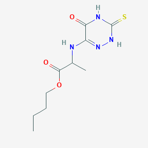 molecular formula C10H16N4O3S B1227581 2-[(5-oxo-3-sulfanylidene-2H-1,2,4-triazin-6-yl)amino]propanoic acid butyl ester 