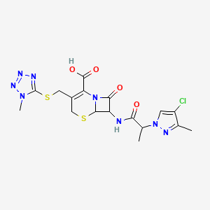 molecular formula C17H19ClN8O4S2 B1227656 7-{[2-(4-CHLORO-3-METHYL-1H-PYRAZOL-1-YL)PROPANOYL]AMINO}-3-{[(1-METHYL-1H-1,2,3,4-TETRAAZOL-5-YL)SULFANYL]METHYL}-8-OXO-5-THIA-1-AZABICYCLO[4.2.0]OCT-2-ENE-2-CARBOXYLIC ACID 
