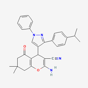 molecular formula C30H30N4O2 B1227943 2-amino-7,7-dimethyl-5-oxo-4-[1-phenyl-3-(4-propan-2-ylphenyl)-4-pyrazolyl]-6,8-dihydro-4H-1-benzopyran-3-carbonitrile 
