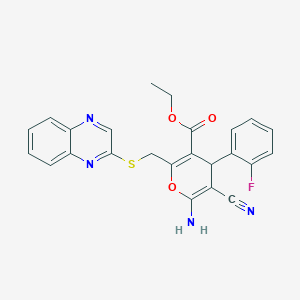 molecular formula C24H19FN4O3S B12280390 ethyl 6-amino-5-cyano-4-(2-fluorophenyl)-2-[(quinoxalin-2-ylsulfanyl)methyl]-4H-pyran-3-carboxylate 