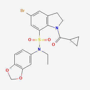molecular formula C21H21BrN2O5S B1228230 N-(1,3-benzodioxol-5-yl)-5-bromo-1-[cyclopropyl(oxo)methyl]-N-ethyl-2,3-dihydroindole-7-sulfonamide 