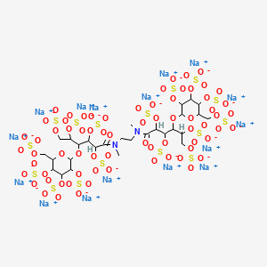 molecular formula C28H36N2Na16O70S16 B1228318 Hexadecasodium;[2-[6-[methyl-[2-[methyl-[2,3,5,6-tetrasulfonatooxy-4-[3,4,5-trisulfonatooxy-6-(sulfonatooxymethyl)oxan-2-yl]oxyhexanoyl]amino]ethyl]amino]-6-oxo-1,2,4,5-tetrasulfonatooxyhexan-3-yl]oxy-3,5-disulfonatooxy-6-(sulfonatooxymethyl)oxan-4-yl] sulfate CAS No. 123072-56-0