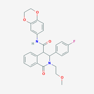 molecular formula C27H25FN2O5 B1228450 N-(2,3-dihydro-1,4-benzodioxin-6-yl)-3-(4-fluorophenyl)-2-(2-methoxyethyl)-1-oxo-3,4-dihydroisoquinoline-4-carboxamide 