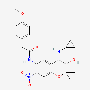 molecular formula C23H27N3O6 B12284688 N-[4-(cyclopropylamino)-3-hydroxy-2,2-dimethyl-7-nitro-3,4-dihydrochromen-6-yl]-2-(4-methoxyphenyl)acetamide 