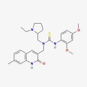 molecular formula C27H34N4O3S B1228598 3-(2,4-dimethoxyphenyl)-1-[(1-ethyl-2-pyrrolidinyl)methyl]-1-[(7-methyl-2-oxo-1H-quinolin-3-yl)methyl]thiourea 