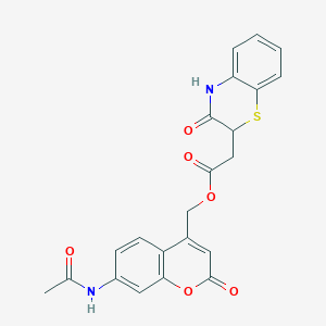 molecular formula C22H18N2O6S B1228603 2-(3-oxo-4H-1,4-benzothiazin-2-yl)acetic acid (7-acetamido-2-oxo-1-benzopyran-4-yl)methyl ester 