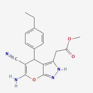 molecular formula C18H18N4O3 B1228625 2-[6-Amino-5-cyano-4-(4-ethylphenyl)-2,4-dihydropyrano[2,3-c]pyrazol-3-yl]acetic acid methyl ester 