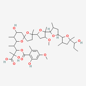 molecular formula C45H70O15 B12290732 2-Hydroxy-4-[7-hydroxy-2-[5-[5-[5-(1-hydroxypropyl)-3,5-dimethyloxolan-2-yl]-3-methyloxolan-2-yl]-4-methoxy-5-methyloxolan-2-yl]-2,8-dimethyl-1,10-dioxaspiro[4.5]decan-9-yl]-3-(2-hydroxy-4-methoxy-6-methylbenzoyl)oxy-2-methylpentanoic acid 