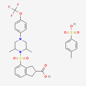 molecular formula C30H33F3N2O8S2 B12291274 4-[2,6-dimethyl-4-[4-(trifluoromethoxy)phenyl]piperazin-1-yl]sulfonyl-2,3-dihydro-1H-indene-2-carboxylic acid;4-methylbenzenesulfonic acid 