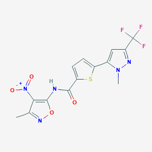 molecular formula C14H10F3N5O4S B1229206 5-[1-methyl-3-(trifluoromethyl)-1H-pyrazol-5-yl]-N-(3-methyl-4-nitro-1,2-oxazol-5-yl)thiophene-2-carboxamide 